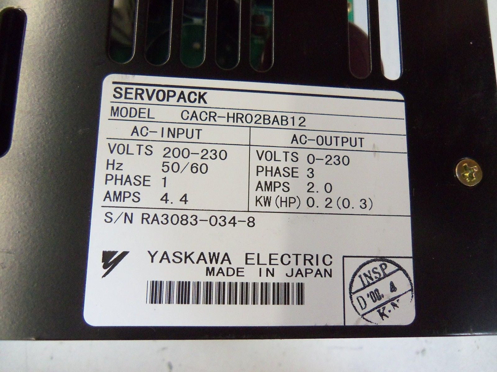 YASKAWA SERVOPACK CACR-HR02BAB12 SERVO DRIVE *USED*