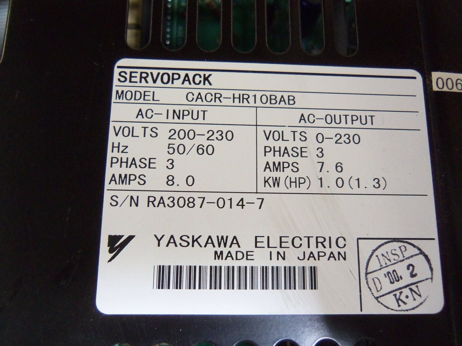 YASKAWA SERVOPACK CACR-HR10BAB SERVO DRIVE *USED*